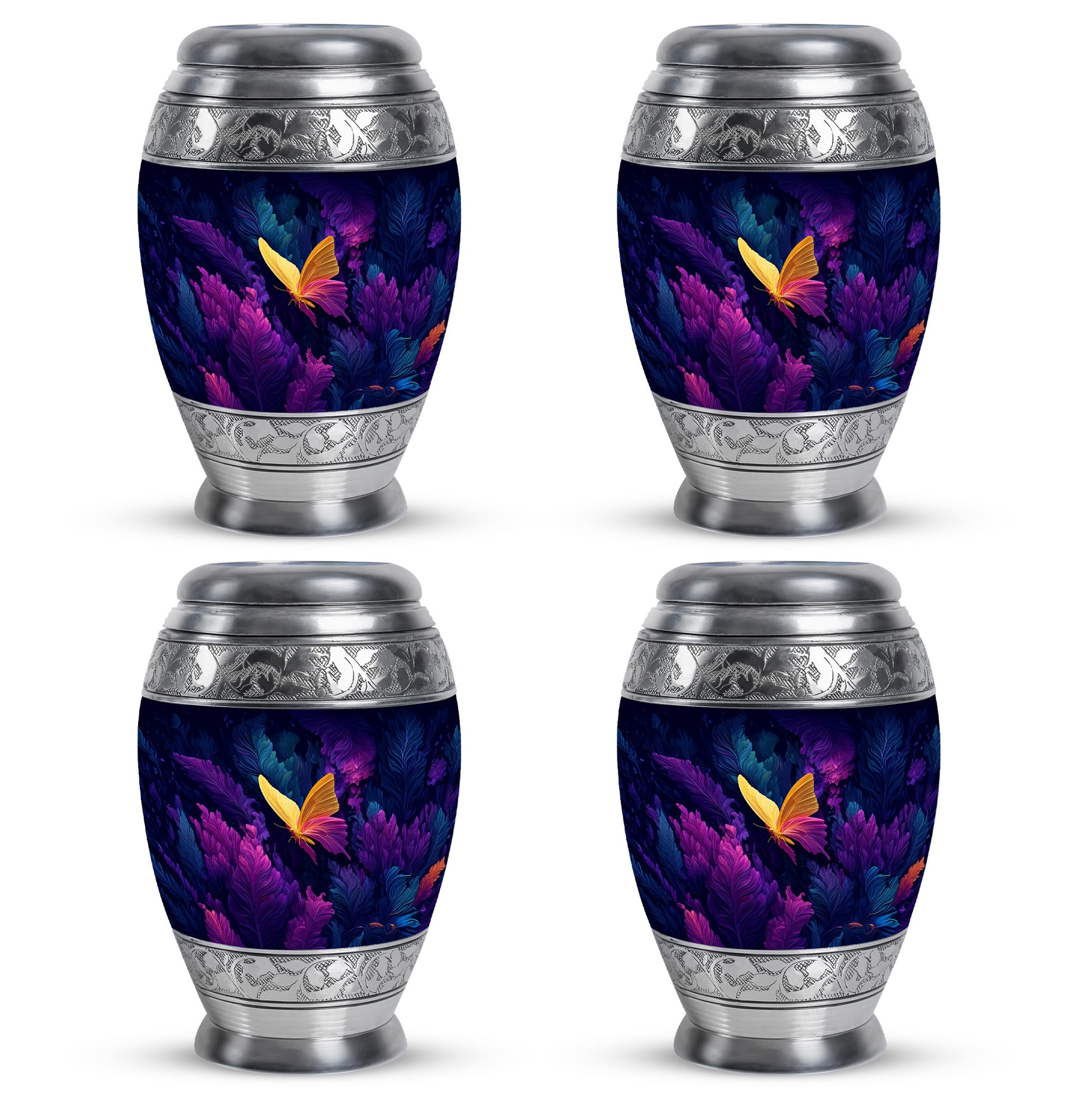Soft Blue Butterfly Cremation Urn urn with complimentary velvet bag - royal butterfly engraving with decorative scrollwork - 10 inch aluminum urn for cremated remains