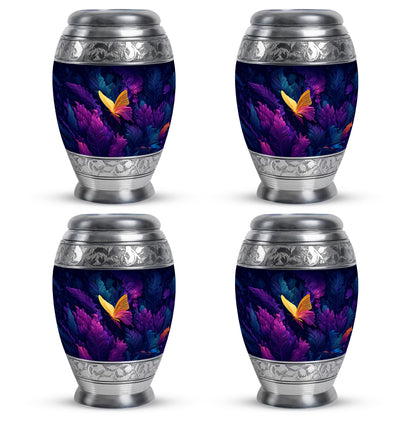 Soft Blue Butterfly Cremation Urn urn with complimentary velvet bag - royal butterfly engraving with decorative scrollwork - 10 inch aluminum urn for cremated remains