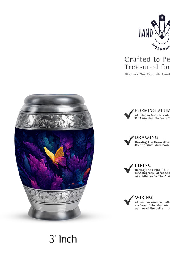 Pastel Blue Butterfly Cremation Urn lifestyle display on memorial shelf - regal butterfly design with crown-inspired accents - mini keepsake memorial for portion of cremation ashes