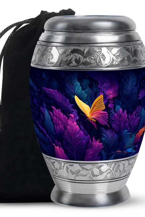 Indigo Butterfly Cremation Urn back view with polished surface - regal butterfly design with crown-inspired accents - full-size 10 inch 200 cubic inch adult cremation urn