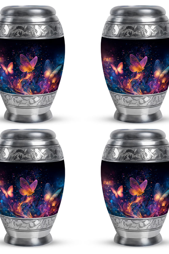 Dark Black Butterfly Cremation Urn urn with complimentary velvet bag - royal butterfly engraving with decorative scrollwork - 10 inch aluminum urn for cremated remains