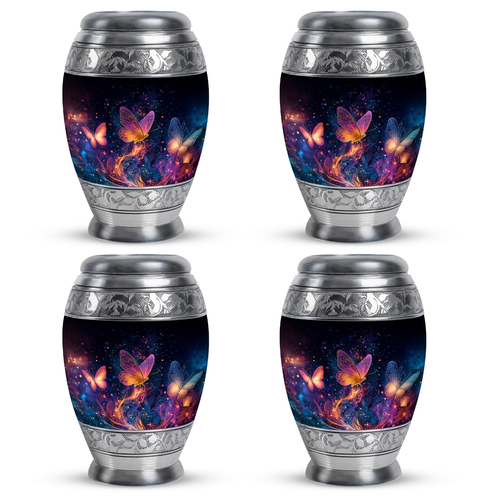 Dark Black Butterfly Cremation Urn urn with complimentary velvet bag - royal butterfly engraving with decorative scrollwork - 10 inch aluminum urn for cremated remains