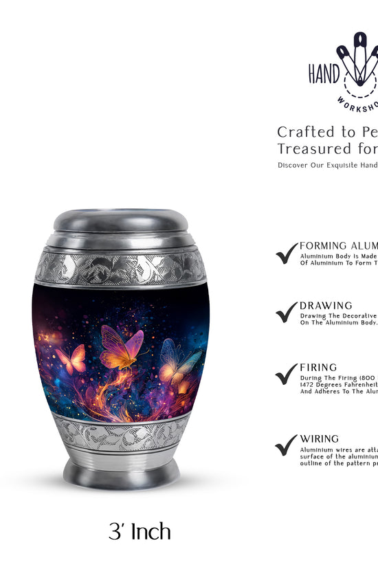 Midnight Black Butterfly Cremation Urn lifestyle display on memorial shelf - royal butterfly engraving with decorative scrollwork - mini keepsake memorial for portion of cremation ashes