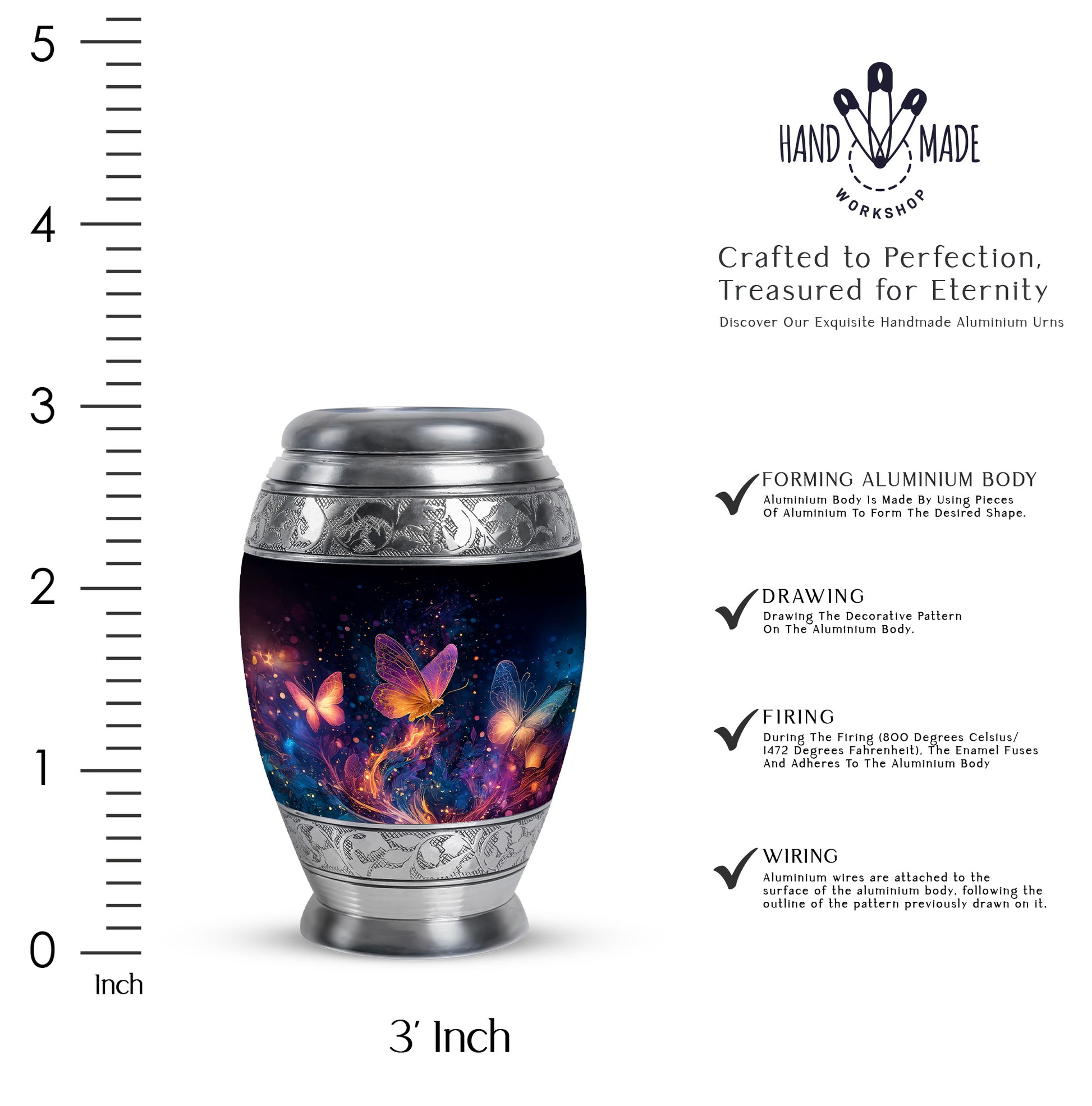 Midnight Black Butterfly Cremation Urn lifestyle display on memorial shelf - royal butterfly engraving with decorative scrollwork - mini keepsake memorial for portion of cremation ashes