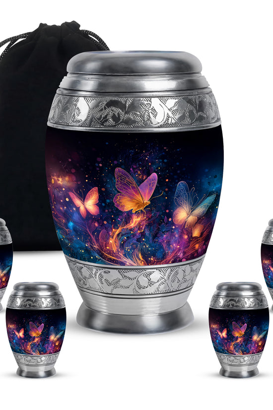 Glossy Black Butterfly Cremation Urn detail view - regal butterfly design with crown-inspired accents - memorial set with one large and four small urns
