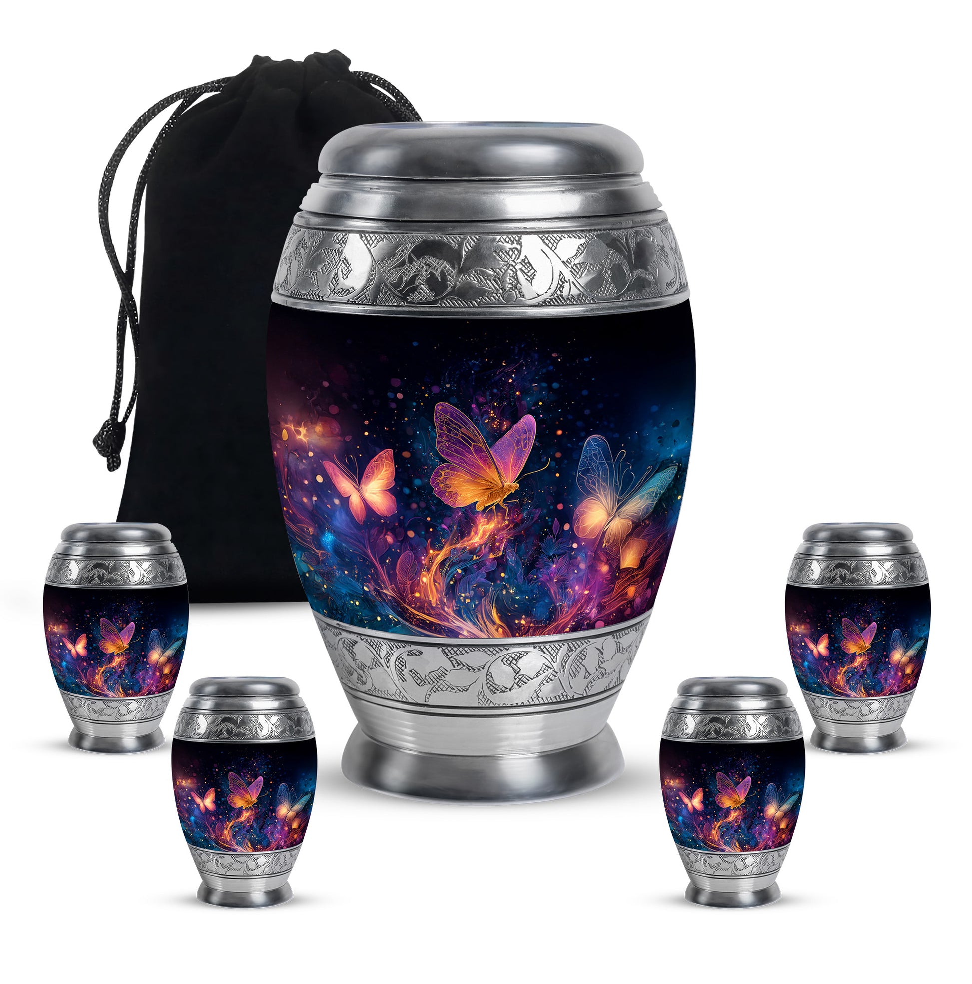 Glossy Black Butterfly Cremation Urn detail view - regal butterfly design with crown-inspired accents - memorial set with one large and four small urns