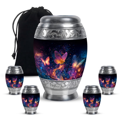 Glossy Black Butterfly Cremation Urn detail view - regal butterfly design with crown-inspired accents - memorial set with one large and four small urns