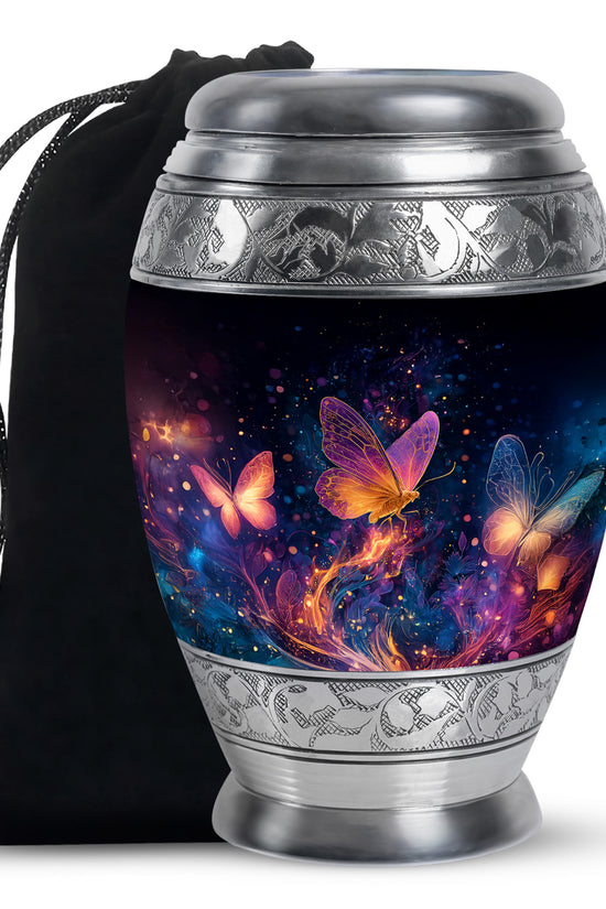 Jet Black Butterfly Cremation Urn back view with polished surface - regal butterfly design with crown-inspired accents - full-size 10 inch 200 cubic inch adult cremation urn