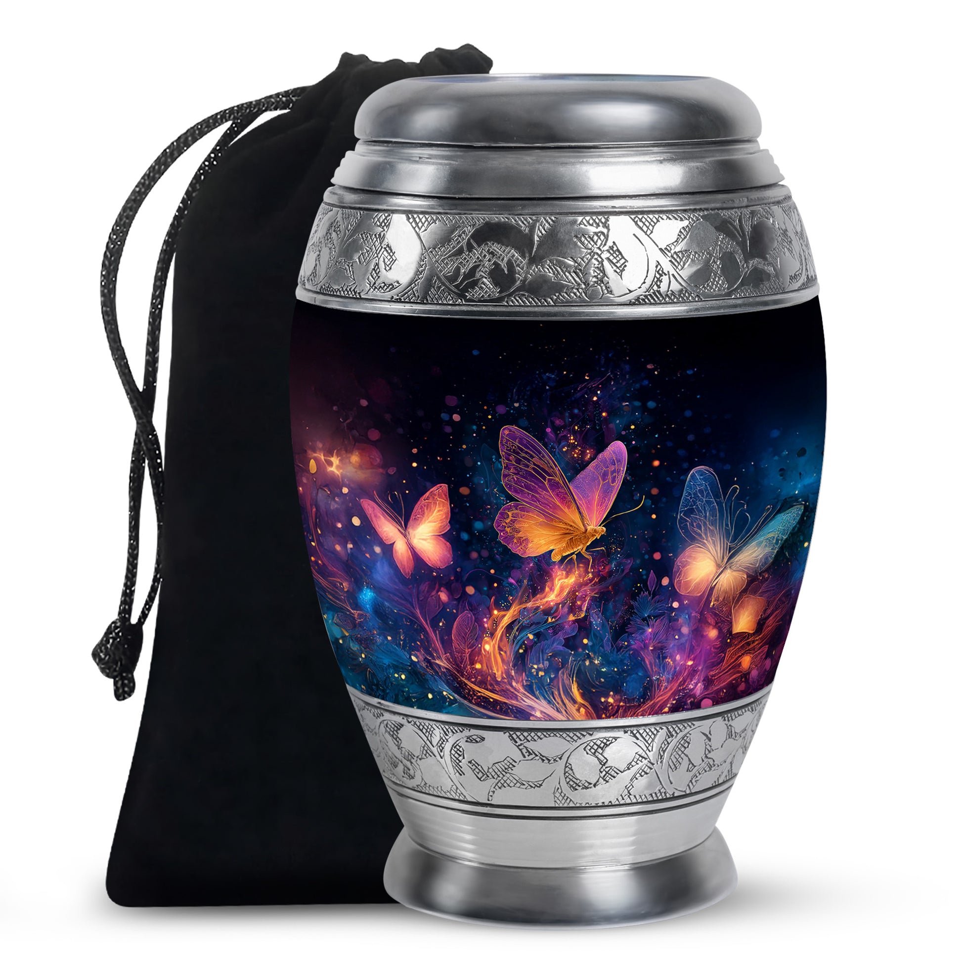 Jet Black Butterfly Cremation Urn back view with polished surface - regal butterfly design with crown-inspired accents - full-size 10 inch 200 cubic inch adult cremation urn