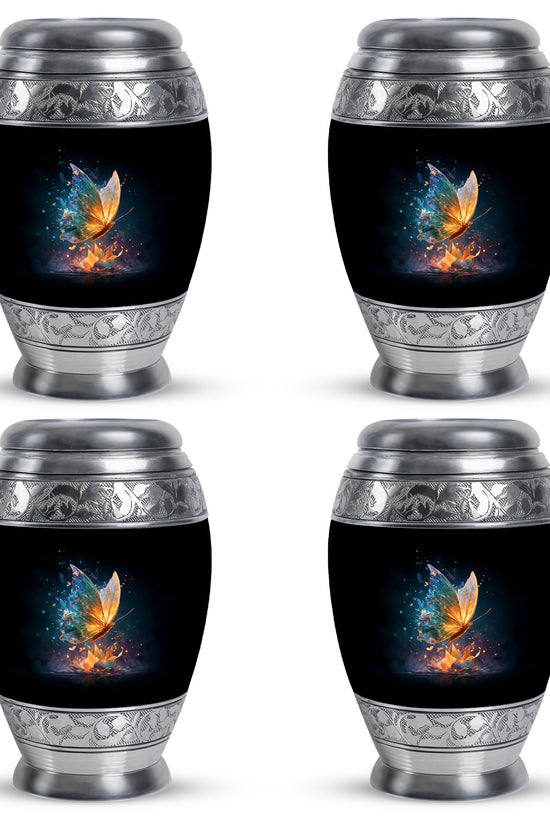 Rich Black Butterfly Cremation Urn urn with complimentary velvet bag - ornate monarch-style butterfly relief on brushed aluminum - 10 inch aluminum urn for cremated remains