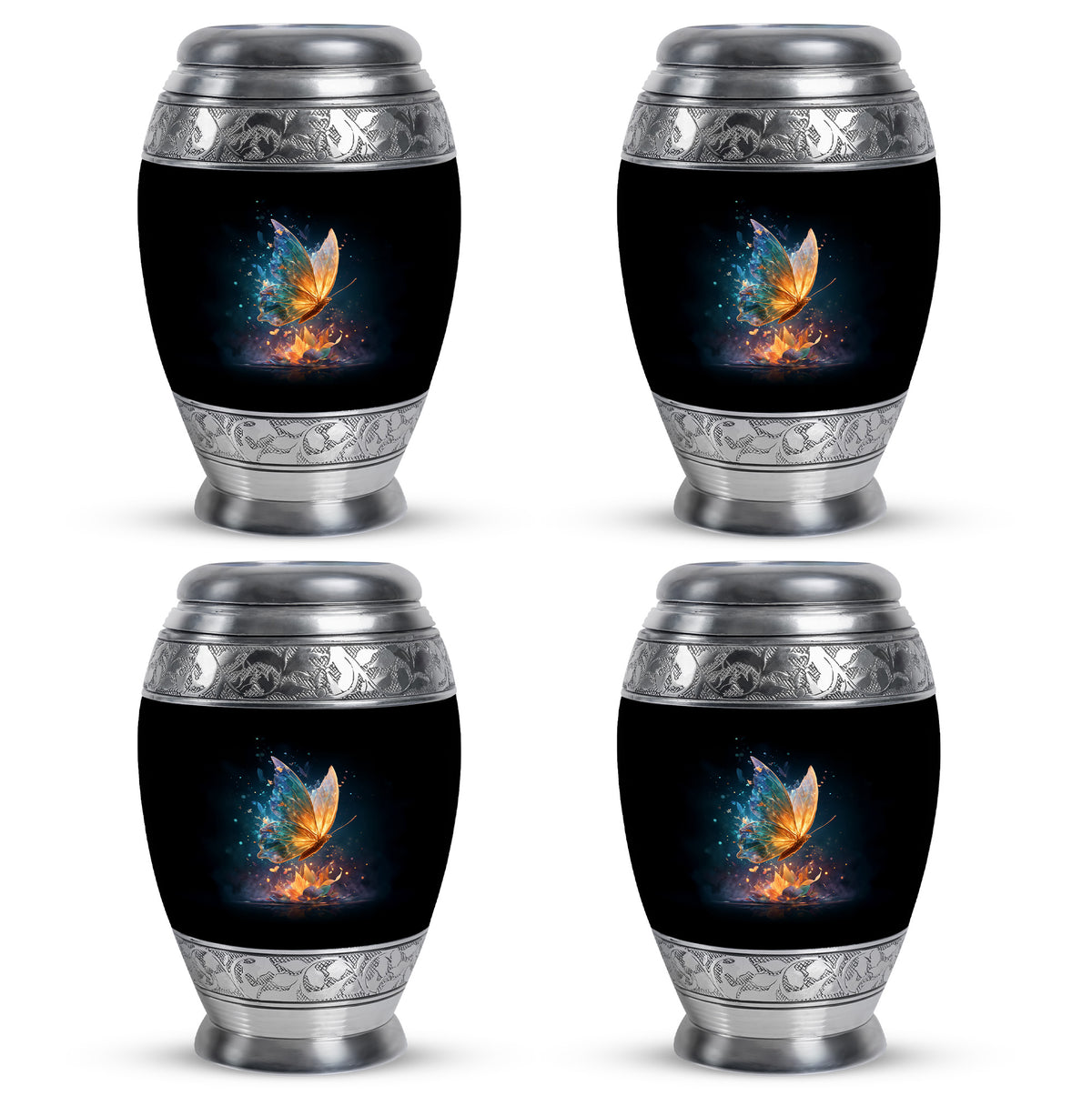 Rich Black Butterfly Cremation Urn urn with complimentary velvet bag - ornate monarch-style butterfly relief on brushed aluminum - 10 inch aluminum urn for cremated remains