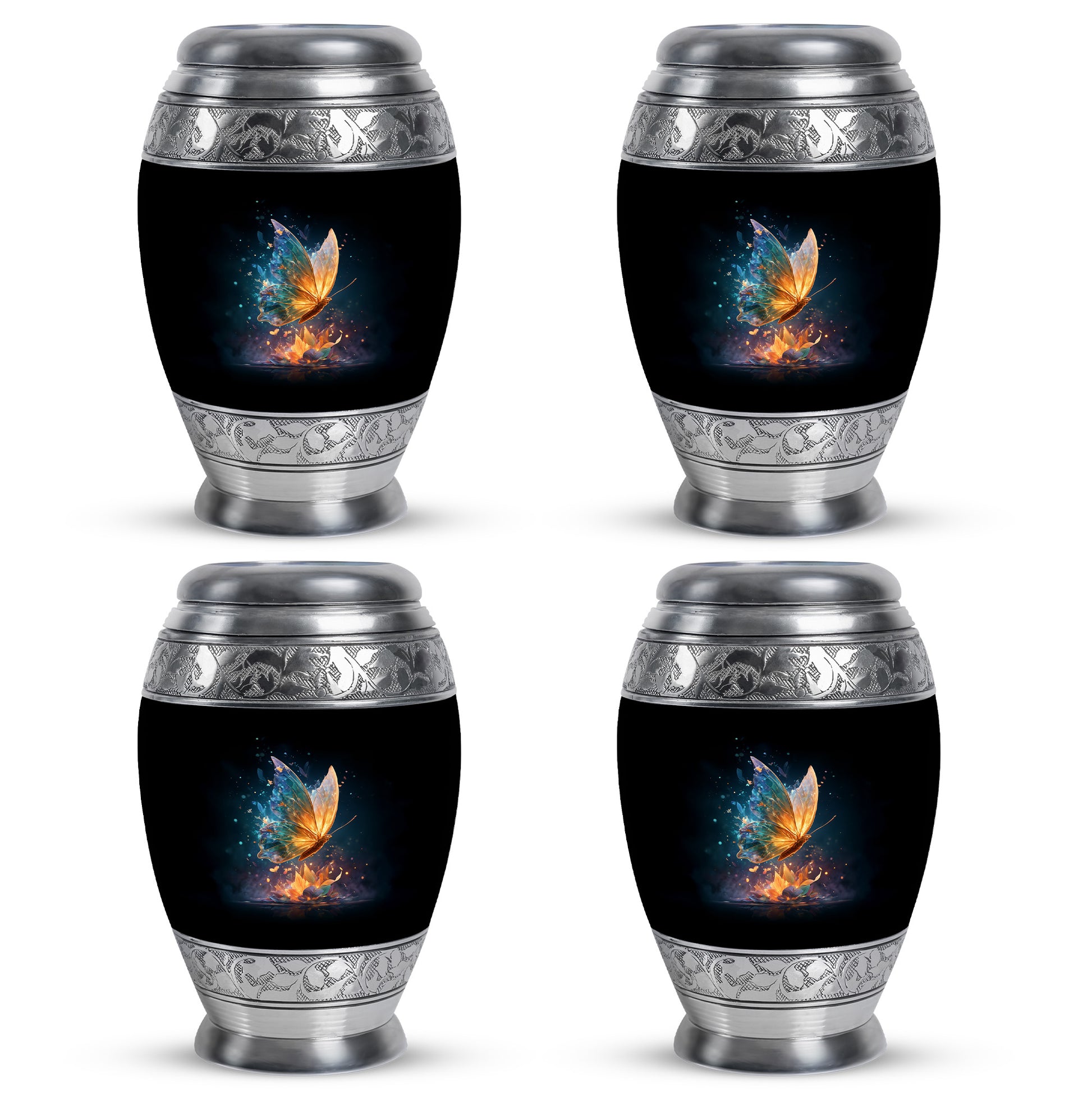 Rich Black Butterfly Cremation Urn urn with complimentary velvet bag - ornate monarch-style butterfly relief on brushed aluminum - 10 inch aluminum urn for cremated remains