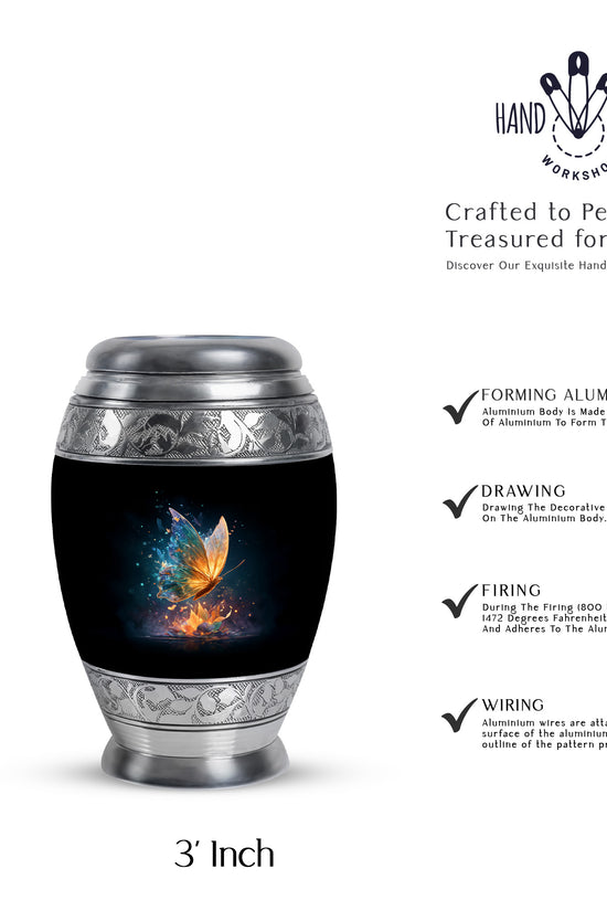 Charcoal Black Butterfly Cremation Urn lifestyle display on memorial shelf - majestic butterfly pattern with filigree border - mini keepsake memorial for portion of cremation ashes