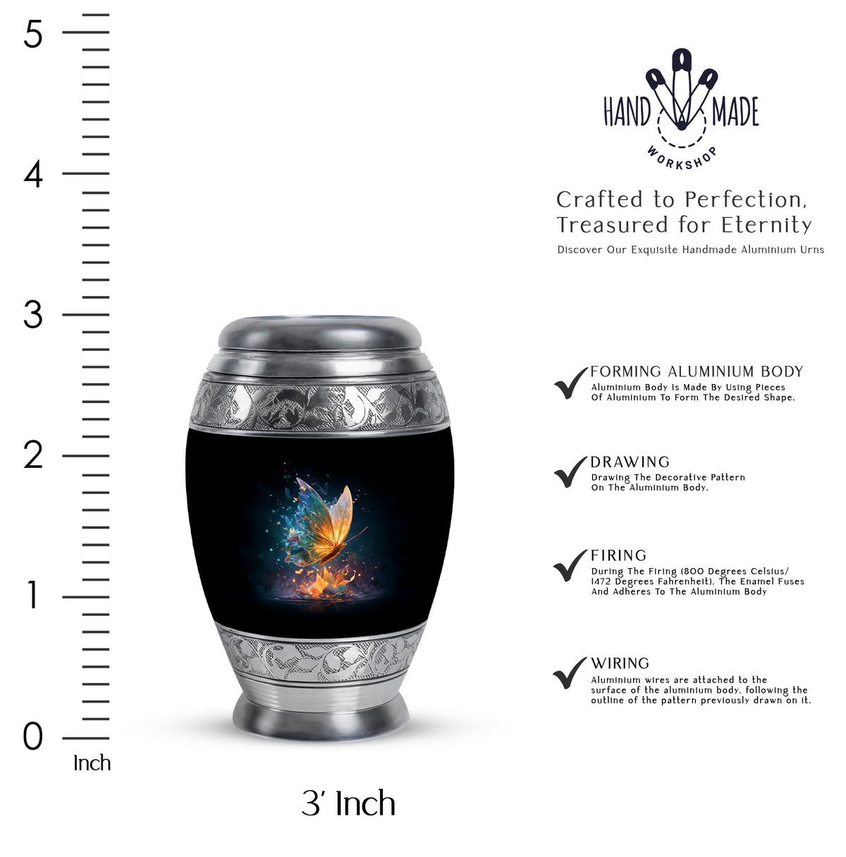 Charcoal Black Butterfly Cremation Urn lifestyle display on memorial shelf - majestic butterfly pattern with filigree border - mini keepsake memorial for portion of cremation ashes