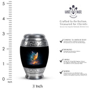 Charcoal Black Butterfly Cremation Urn lifestyle display on memorial shelf - majestic butterfly pattern with filigree border - mini keepsake memorial for portion of cremation ashes
