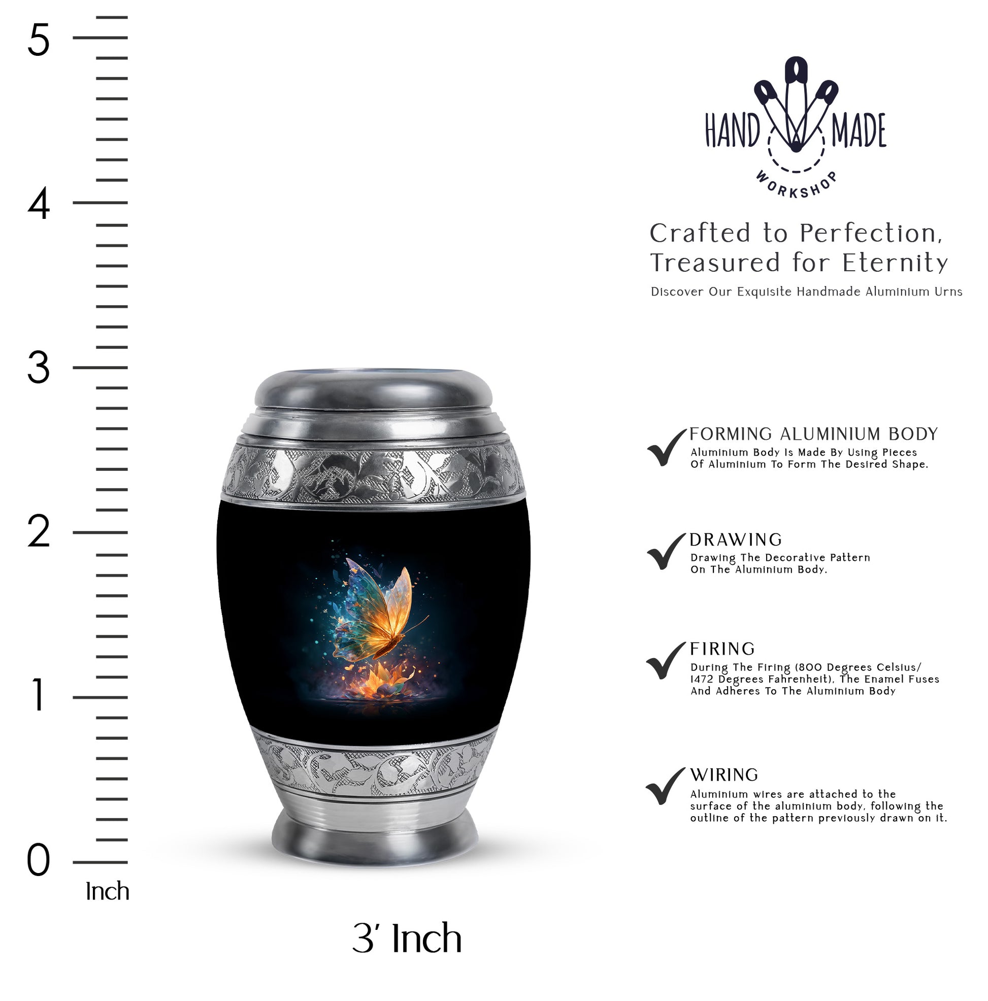 Charcoal Black Butterfly Cremation Urn lifestyle display on memorial shelf - majestic butterfly pattern with filigree border - mini keepsake memorial for portion of cremation ashes