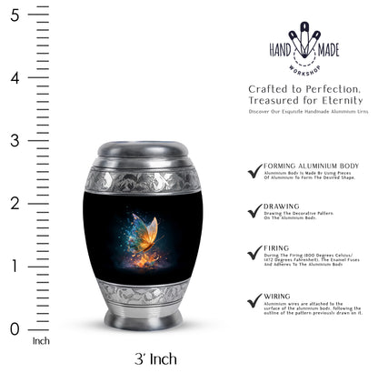 Charcoal Black Butterfly Cremation Urn lifestyle display on memorial shelf - majestic butterfly pattern with filigree border - mini keepsake memorial for portion of cremation ashes