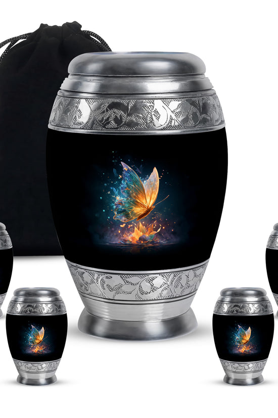 Onyx Black Butterfly Cremation Urn detail view - majestic butterfly pattern with filigree border - memorial set with one large and four small urns