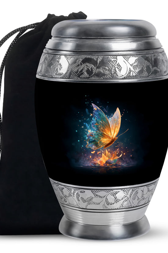 Glossy Black Butterfly Cremation Urn back view with polished surface - regal butterfly design with crown-inspired accents - full-size 10 inch 200 cubic inch adult cremation urn