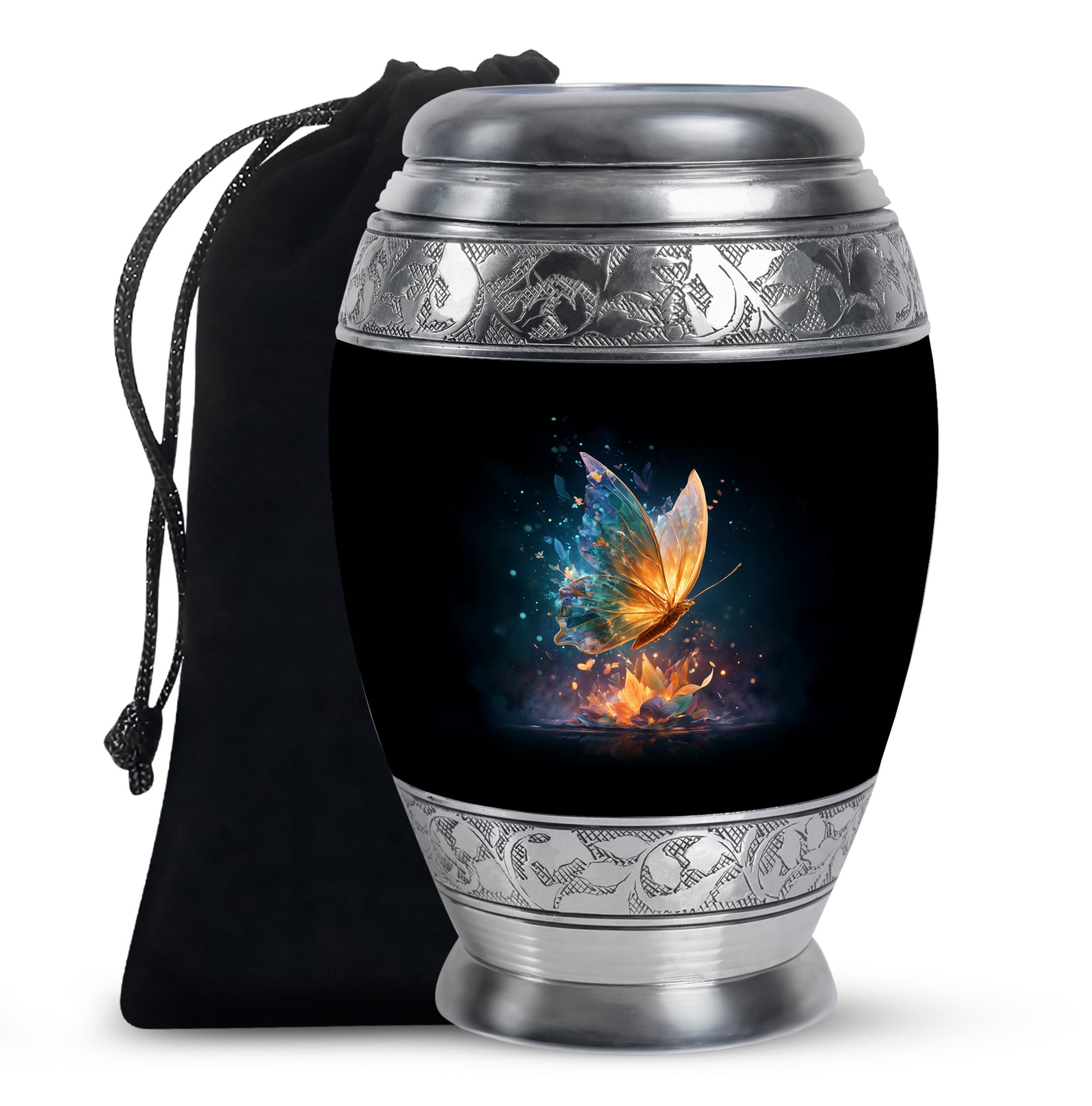 Glossy Black Butterfly Cremation Urn back view with polished surface - regal butterfly design with crown-inspired accents - full-size 10 inch 200 cubic inch adult cremation urn