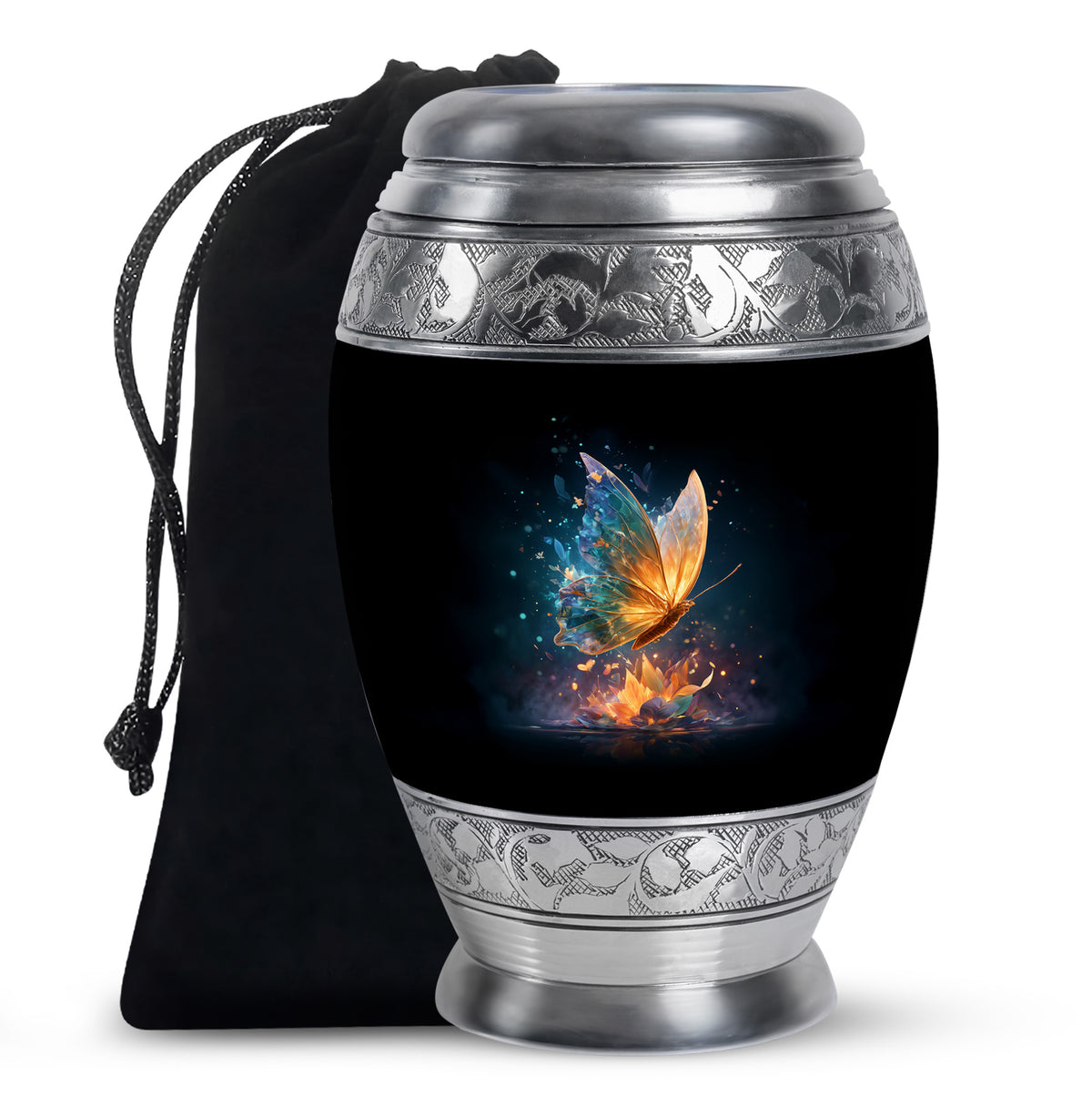 Glossy Black Butterfly Cremation Urn back view with polished surface - regal butterfly design with crown-inspired accents - full-size 10 inch 200 cubic inch adult cremation urn
