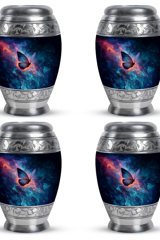 Azure Butterfly Cremation Urn urn with complimentary velvet bag - ornate monarch-style butterfly relief on brushed aluminum - 10 inch aluminum urn for cremated remains