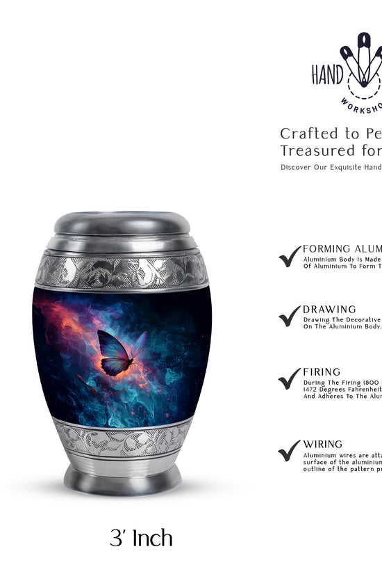 Serene Blue Butterfly Cremation Urn lifestyle display on memorial shelf - majestic butterfly pattern with filigree border - mini keepsake memorial for portion of cremation ashes
