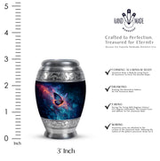 Serene Blue Butterfly Cremation Urn lifestyle display on memorial shelf - majestic butterfly pattern with filigree border - mini keepsake memorial for portion of cremation ashes