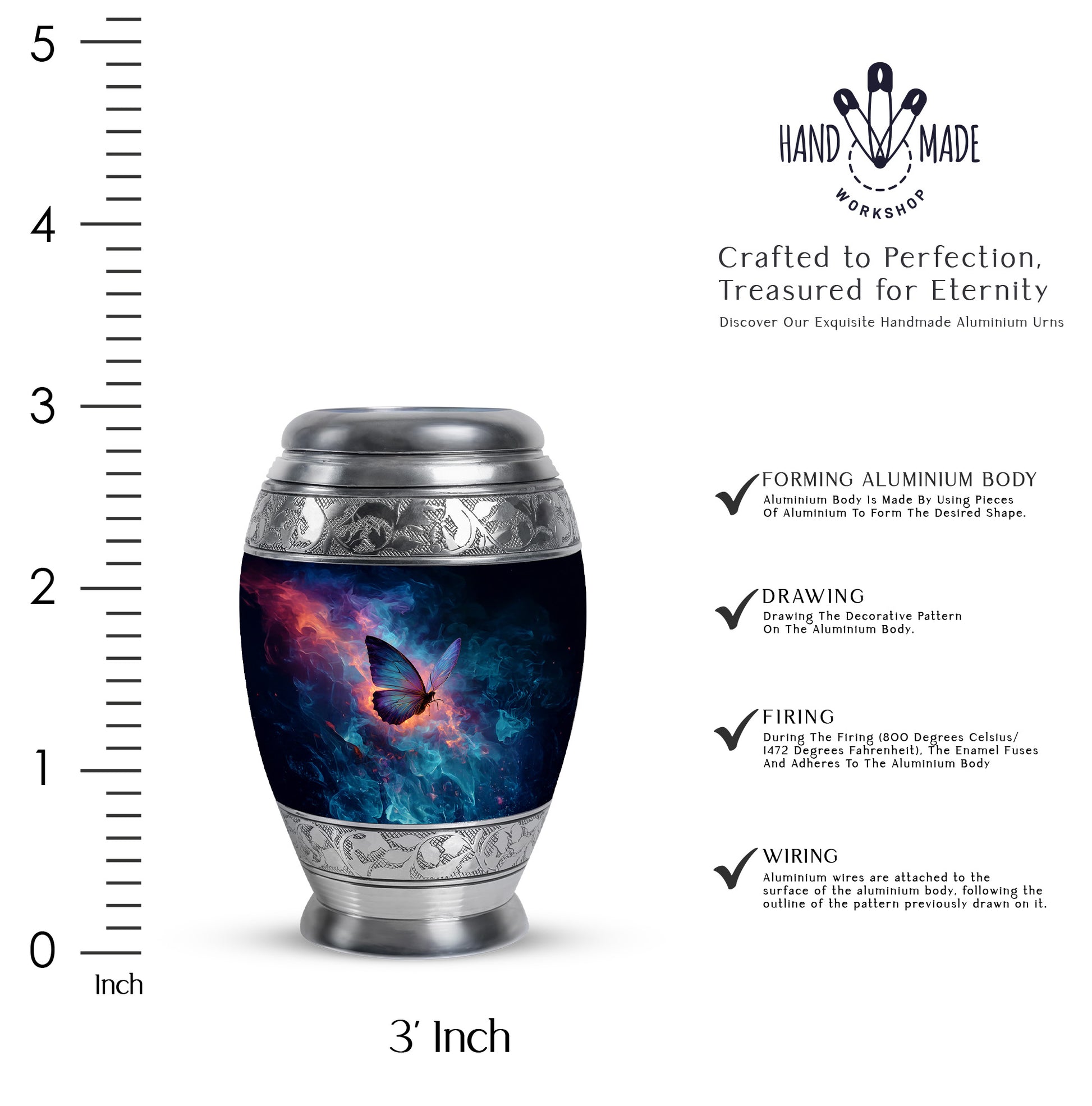 Serene Blue Butterfly Cremation Urn lifestyle display on memorial shelf - majestic butterfly pattern with filigree border - mini keepsake memorial for portion of cremation ashes