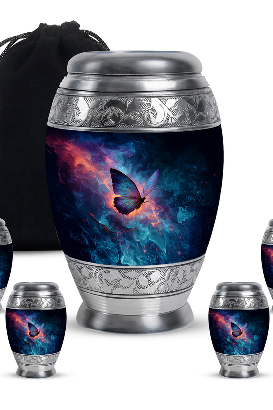 Calming Blue Butterfly Cremation Urn detail view - royal butterfly engraving with decorative scrollwork - memorial set with one large and four small urns