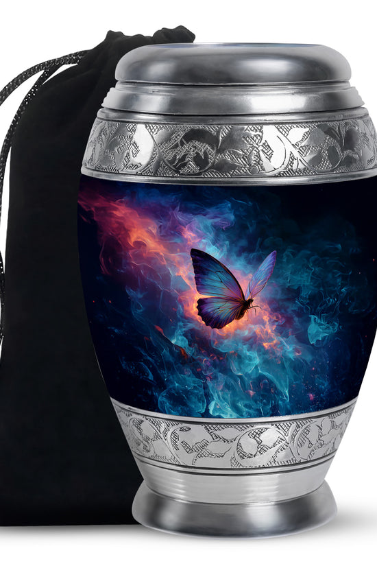 Vivid Blue Butterfly Cremation Urn back view with polished surface - majestic butterfly pattern with filigree border - full-size 10 inch 200 cubic inch adult cremation urn