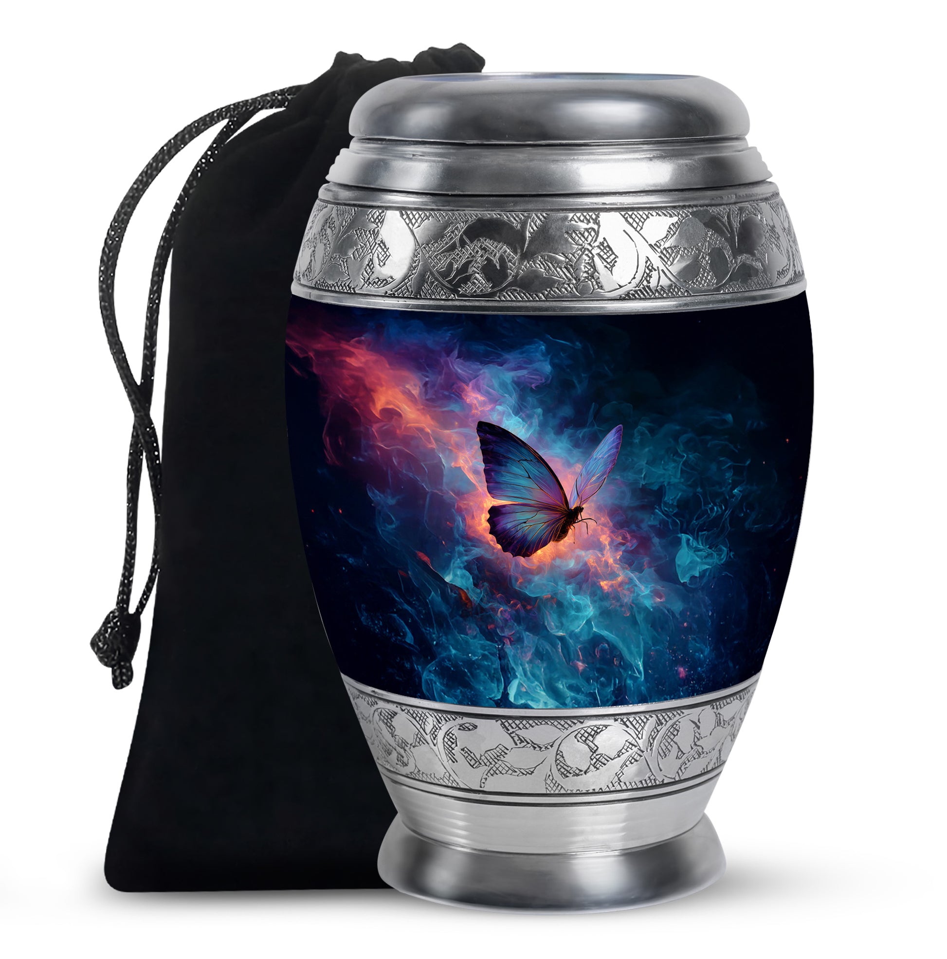 Vivid Blue Butterfly Cremation Urn back view with polished surface - majestic butterfly pattern with filigree border - full-size 10 inch 200 cubic inch adult cremation urn