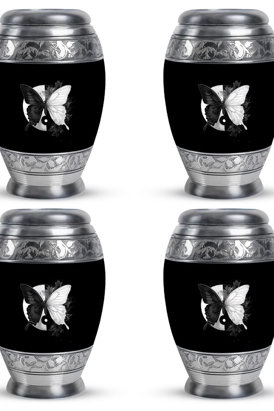 Dark Black Butterfly Cremation Urn urn with complimentary velvet bag - majestic butterfly pattern with filigree border - 10 inch aluminum urn for cremated remains