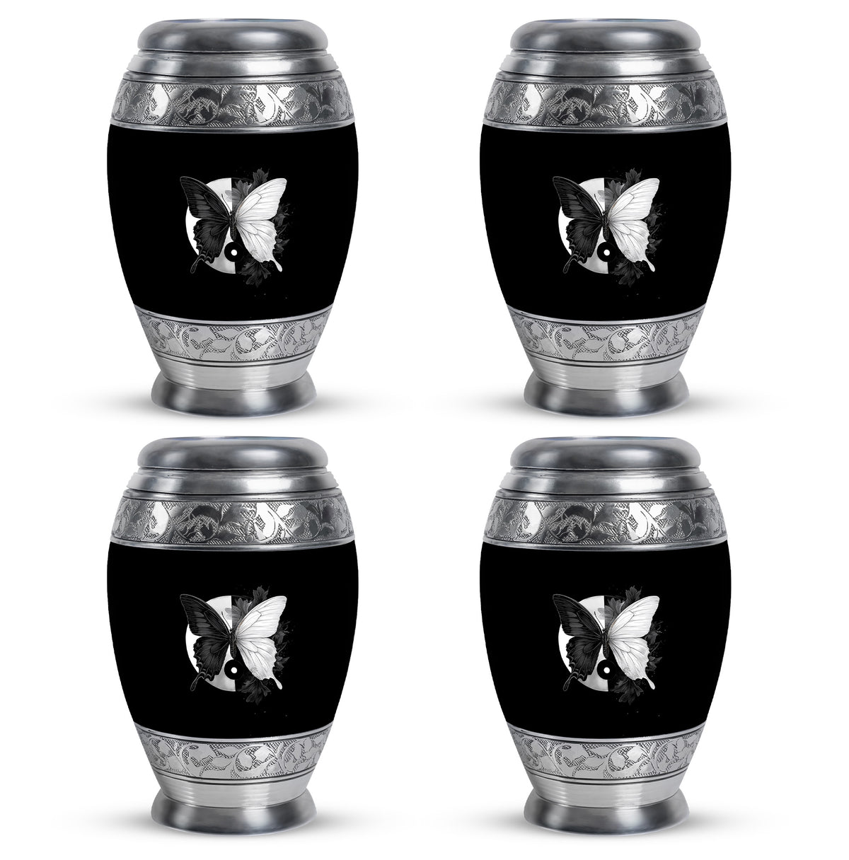 Dark Black Butterfly Cremation Urn urn with complimentary velvet bag - majestic butterfly pattern with filigree border - 10 inch aluminum urn for cremated remains
