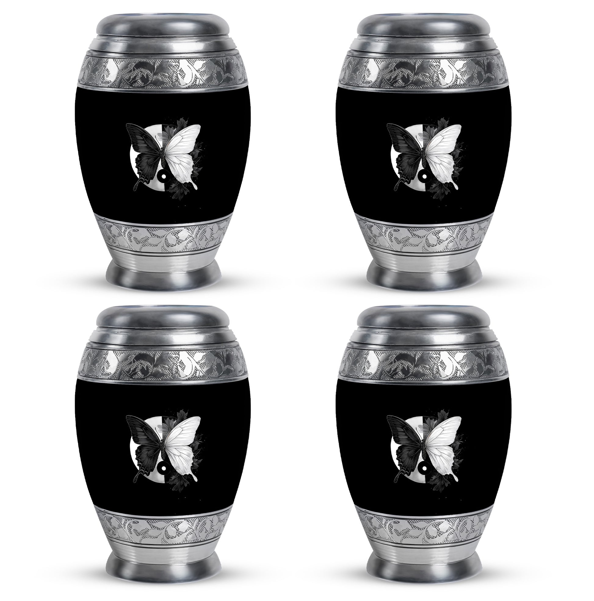 Dark Black Butterfly Cremation Urn urn with complimentary velvet bag - majestic butterfly pattern with filigree border - 10 inch aluminum urn for cremated remains