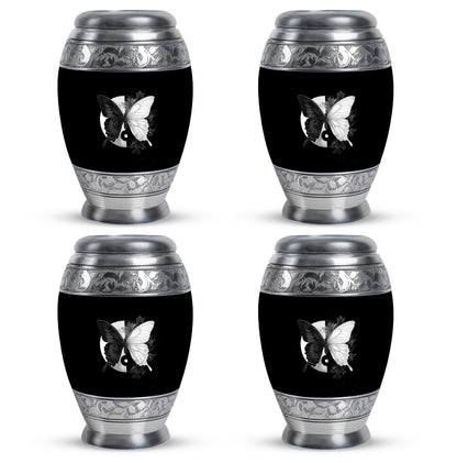 Dark Black Butterfly Cremation Urn urn with complimentary velvet bag - majestic butterfly pattern with filigree border - 10 inch aluminum urn for cremated remains