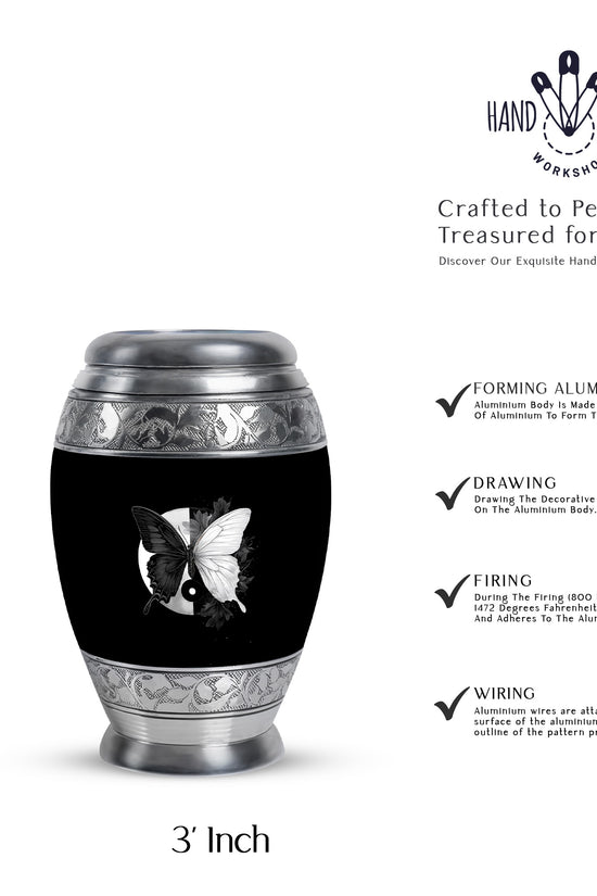 Glossy Black Butterfly Cremation Urn lifestyle display on memorial shelf - regal butterfly design with crown-inspired accents - mini keepsake memorial for portion of cremation ashes