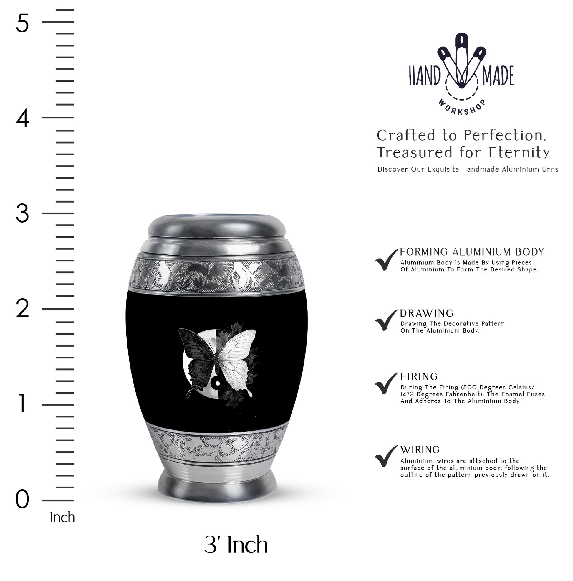 Glossy Black Butterfly Cremation Urn lifestyle display on memorial shelf - regal butterfly design with crown-inspired accents - mini keepsake memorial for portion of cremation ashes