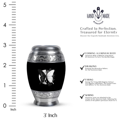 Glossy Black Butterfly Cremation Urn lifestyle display on memorial shelf - regal butterfly design with crown-inspired accents - mini keepsake memorial for portion of cremation ashes