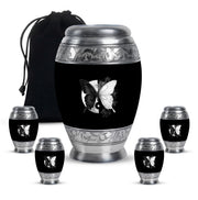 Onyx Black Butterfly Cremation Urn detail view - majestic butterfly pattern with filigree border - memorial set with one large and four small urns