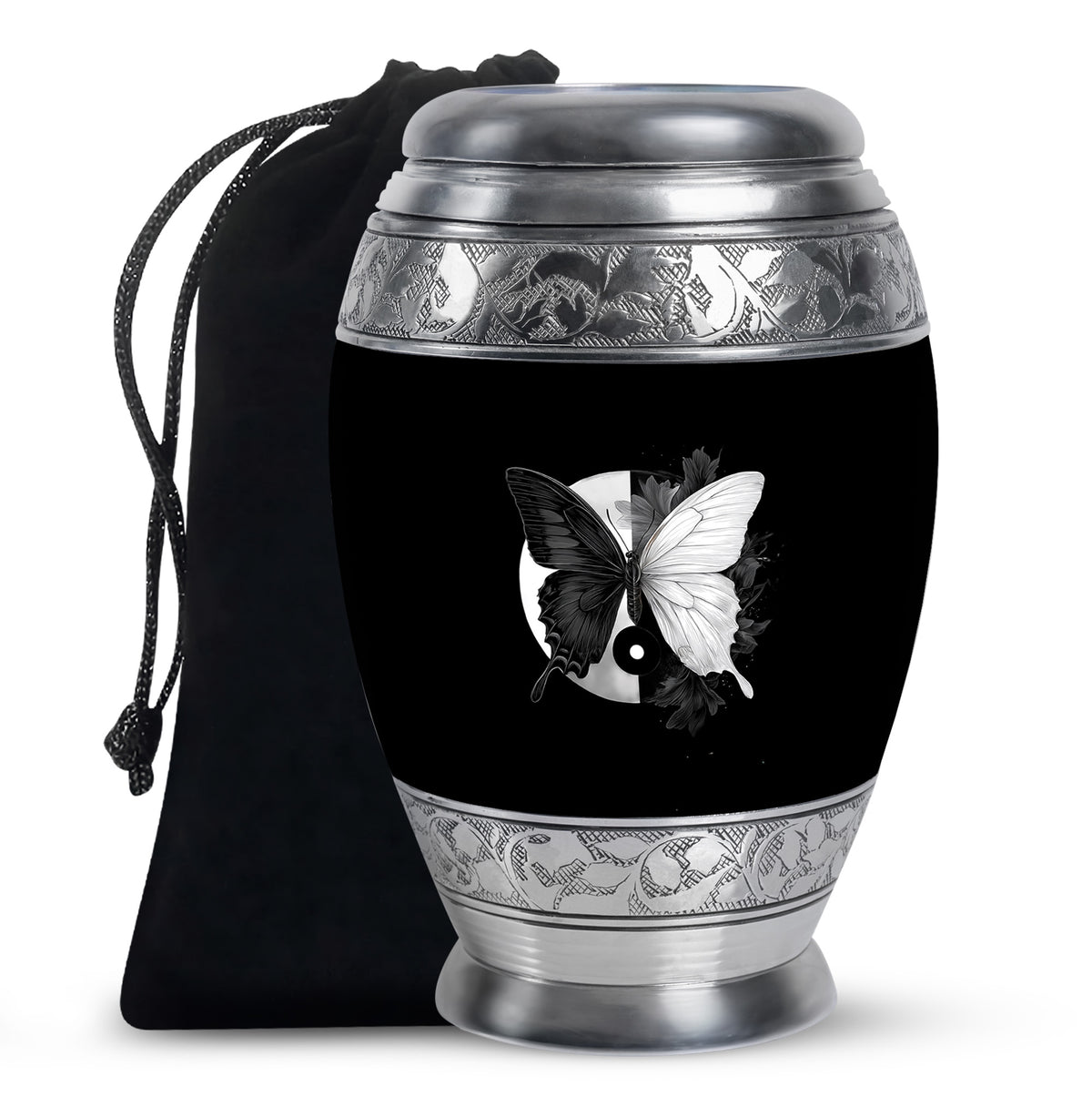 Onyx Black Butterfly Cremation Urn back view with polished surface - majestic butterfly pattern with filigree border - full-size 10 inch 200 cubic inch adult cremation urn