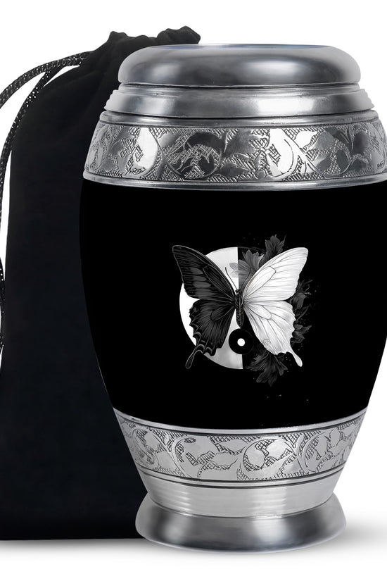 Onyx Black Butterfly Cremation Urn back view with polished surface - majestic butterfly pattern with filigree border - full-size 10 inch 200 cubic inch adult cremation urn