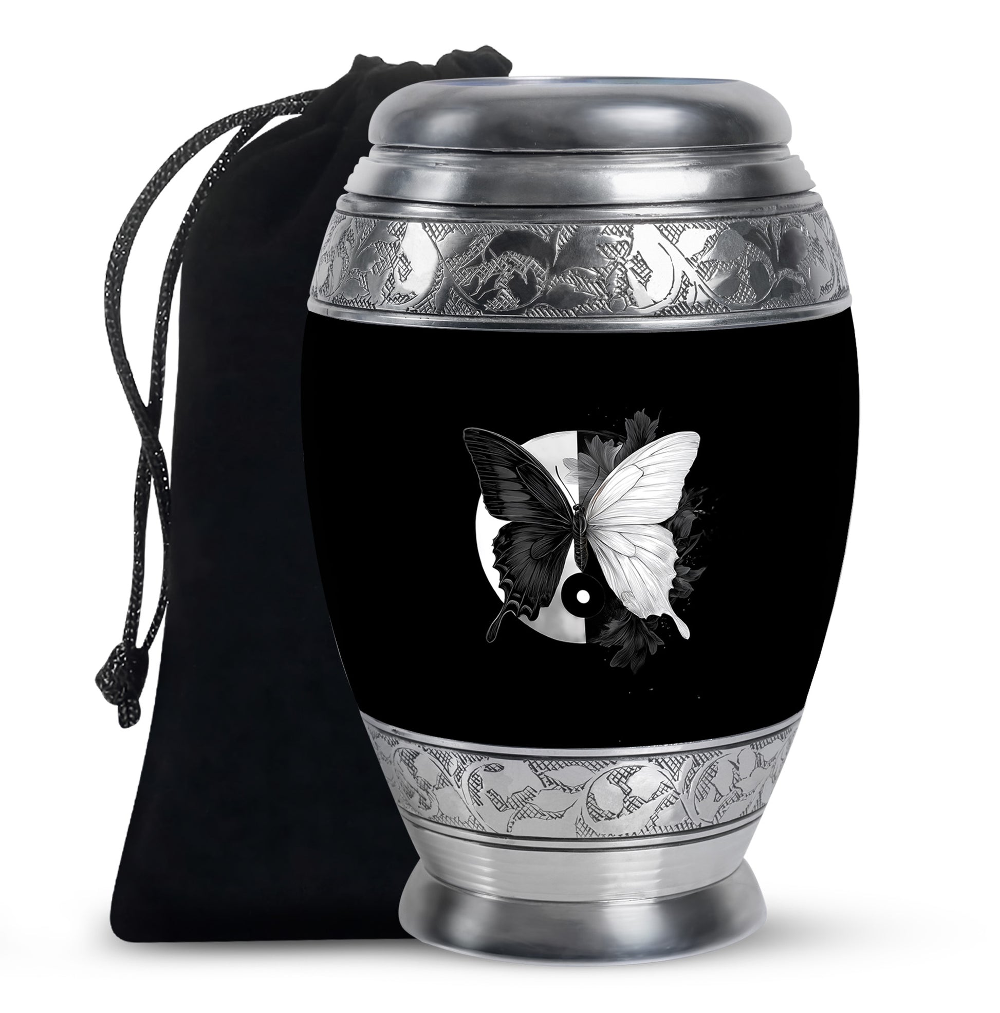 Onyx Black Butterfly Cremation Urn back view with polished surface - majestic butterfly pattern with filigree border - full-size 10 inch 200 cubic inch adult cremation urn