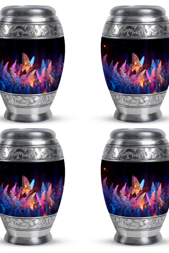 Ebony Butterfly Cremation Urn urn with complimentary velvet bag - ornate monarch-style butterfly relief on brushed aluminum - 10 inch aluminum urn for cremated remains