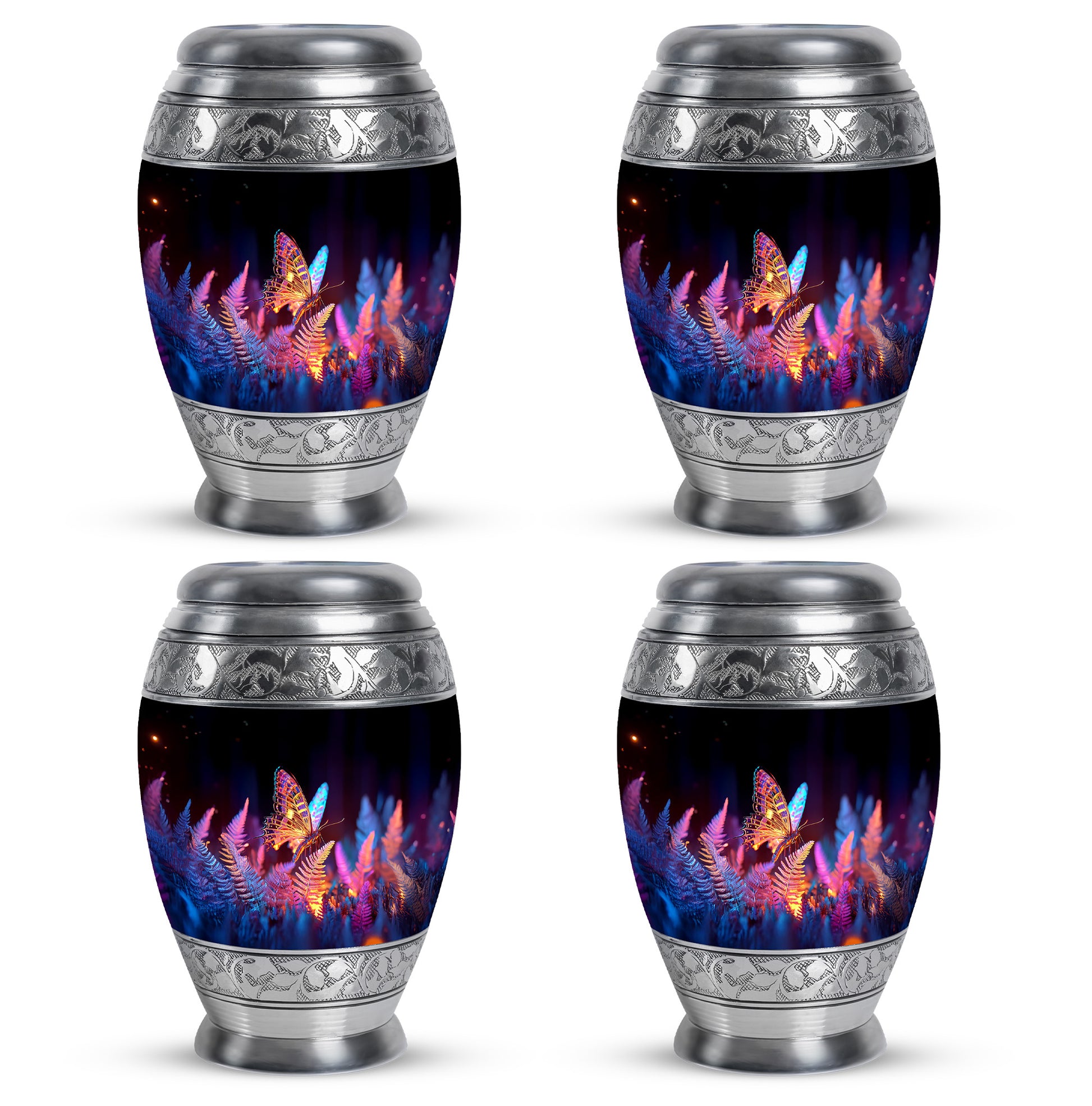 Ebony Butterfly Cremation Urn urn with complimentary velvet bag - ornate monarch-style butterfly relief on brushed aluminum - 10 inch aluminum urn for cremated remains