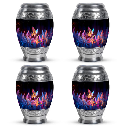 Ebony Butterfly Cremation Urn urn with complimentary velvet bag - ornate monarch-style butterfly relief on brushed aluminum - 10 inch aluminum urn for cremated remains