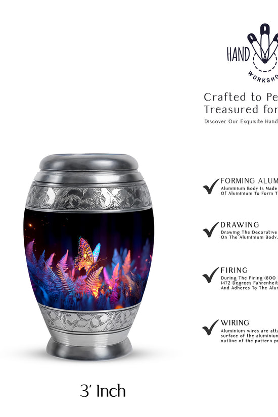 Onyx Black Butterfly Cremation Urn lifestyle display on memorial shelf - royal butterfly engraving with decorative scrollwork - mini keepsake memorial for portion of cremation ashes
