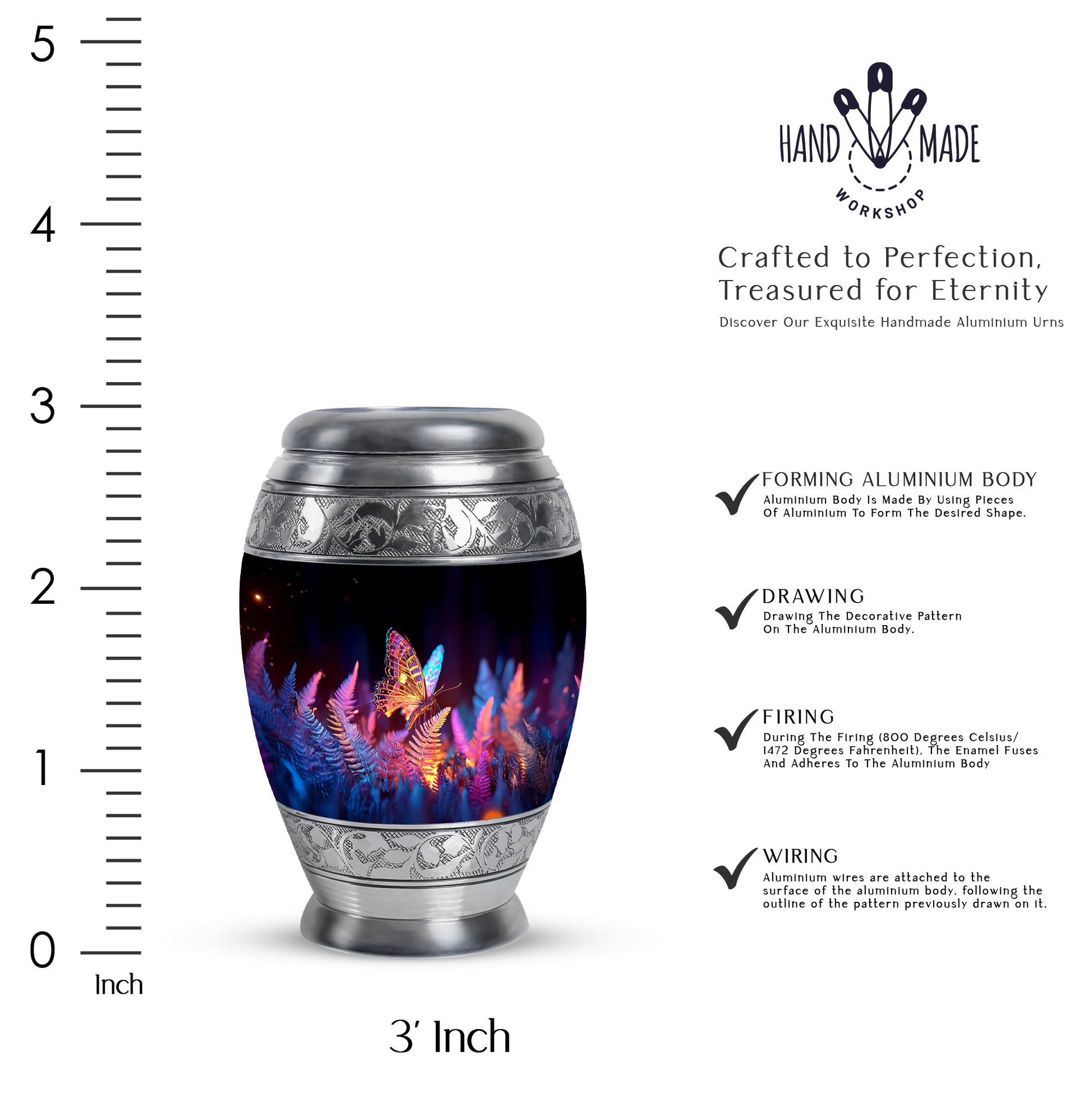 Onyx Black Butterfly Cremation Urn lifestyle display on memorial shelf - royal butterfly engraving with decorative scrollwork - mini keepsake memorial for portion of cremation ashes