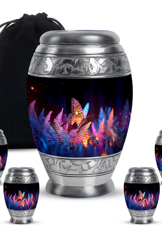 Dark Black Butterfly Cremation Urn detail view - majestic butterfly pattern with filigree border - memorial set with one large and four small urns