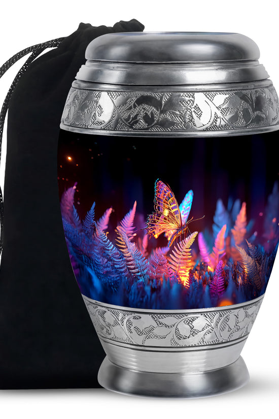 Glossy Black Butterfly Cremation Urn back view with polished surface - regal butterfly design with crown-inspired accents - full-size 10 inch 200 cubic inch adult cremation urn